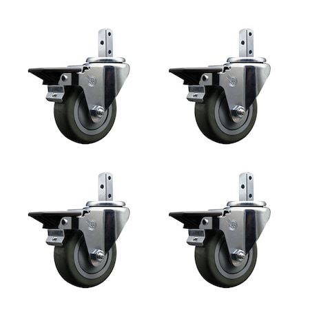 Service Caster 3.5'' Gray Poly Wheel Swivel 3/4'' Square Stem Caster Set with Brake, 4PK SCC-SQ20S3514-PPUB-GRY-PLB-34-4